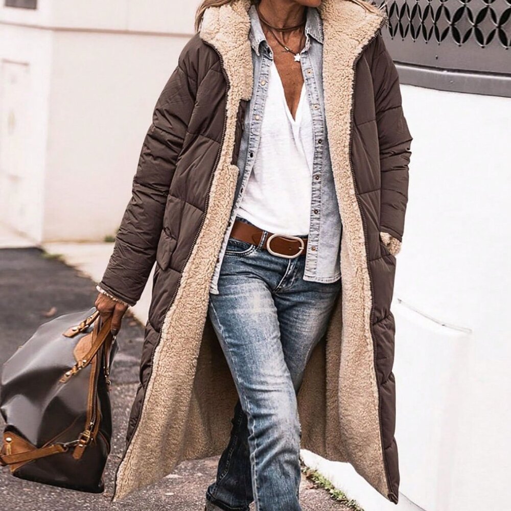 Deep Coffee Casual Women's Oversize fleeced lined Long Coat Jacket